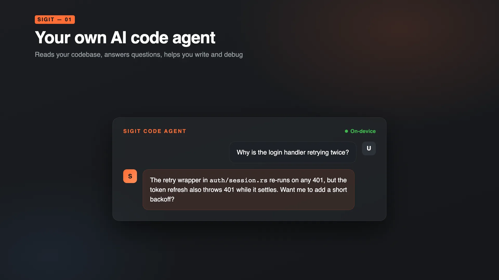The siGit Code agent answering a question about a login handler, marked as running on-device